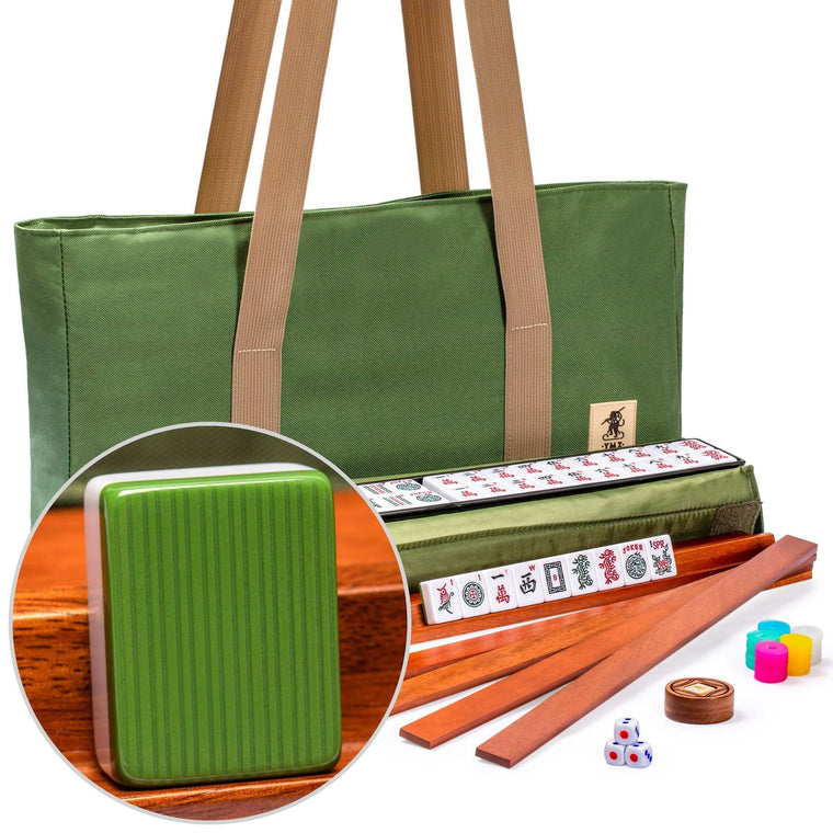 Yellow Mountain Imports Huntington American Mahjong Set with Olive Green Soft Case, 4 All-in-One Racks with Pushers and Dice